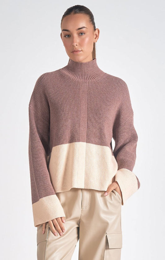 Mock Color-Block Sweater / Plum & Cream