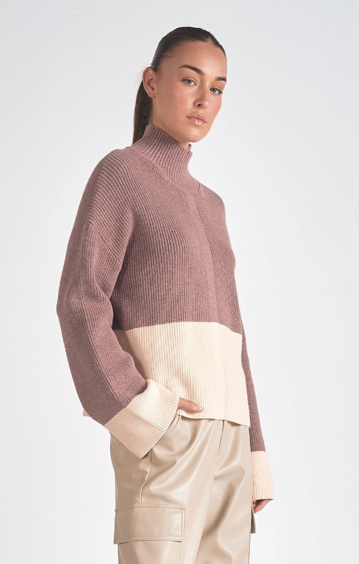 Mock Color-Block Sweater / Plum & Cream