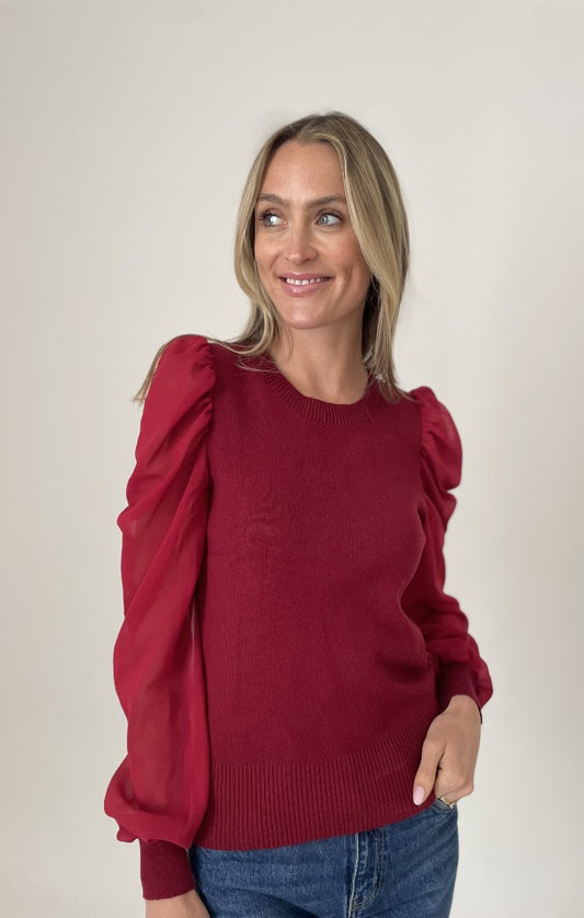 Stella Sheer Sleeve Sweater Blouse / Burgundy