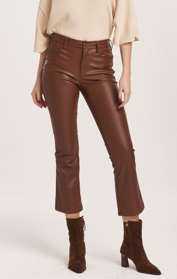 Jeanne Super High Rise Cropped Vegan Leather Flare Pants / Mahogany